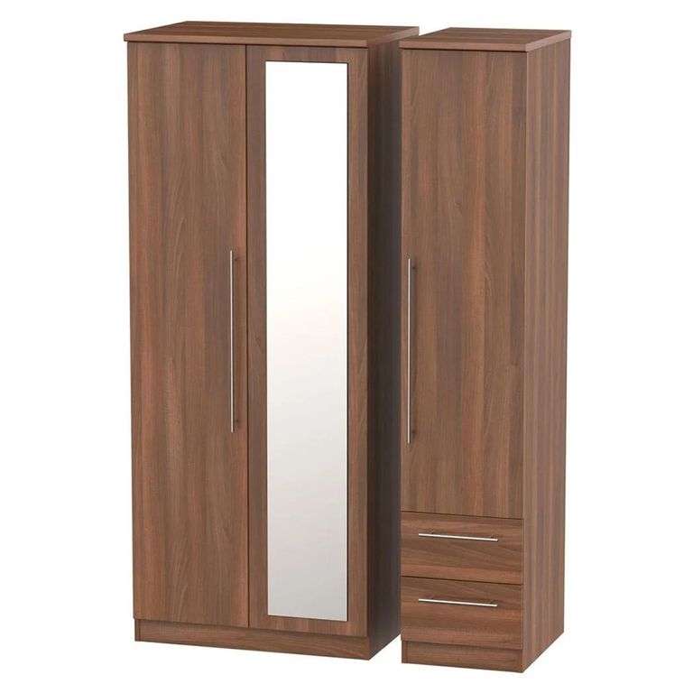 Sherwood Wardrobe - 3 Door - 1 Mirror - RHF 2 Drawer - Combi - Walnut
