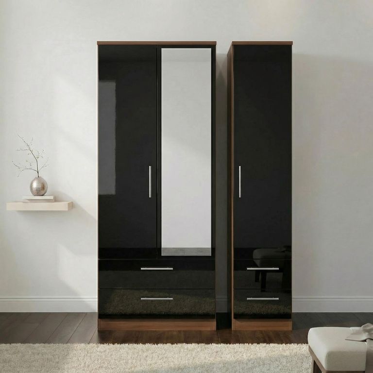 Knightsbridge Wardrobe - 3 Door - 1 Mirror - Combi - Black Gloss and Walnut