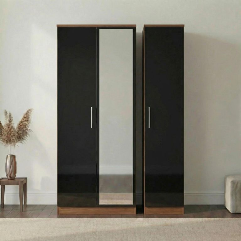 Knightsbridge Wardrobe - 3 Door - 1 Mirror - Tall Triple - Black Gloss and Walnut