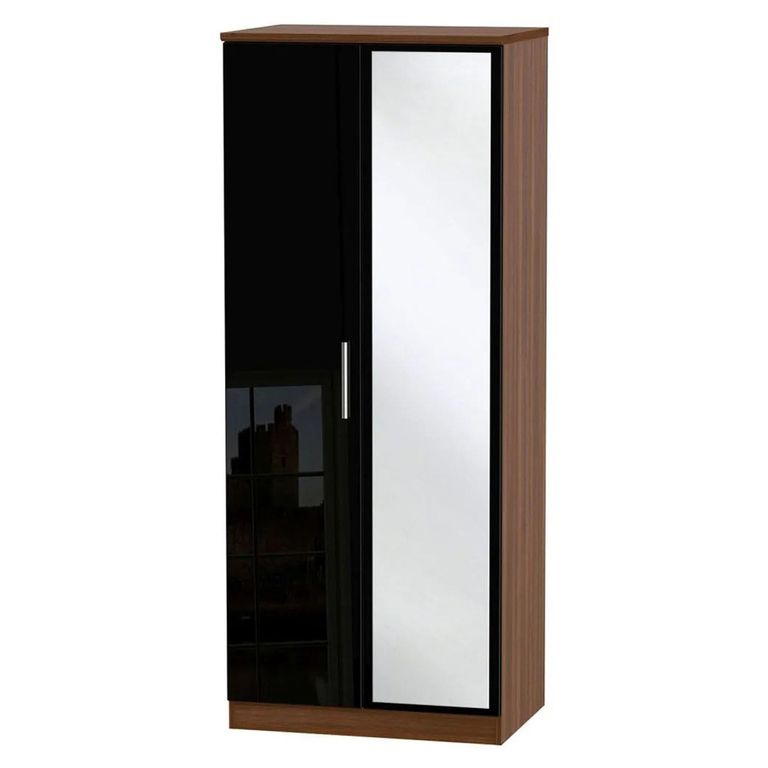 Knightsbridge Wardrobe - 2 Door - 1 Mirror - Black Gloss and Walnut