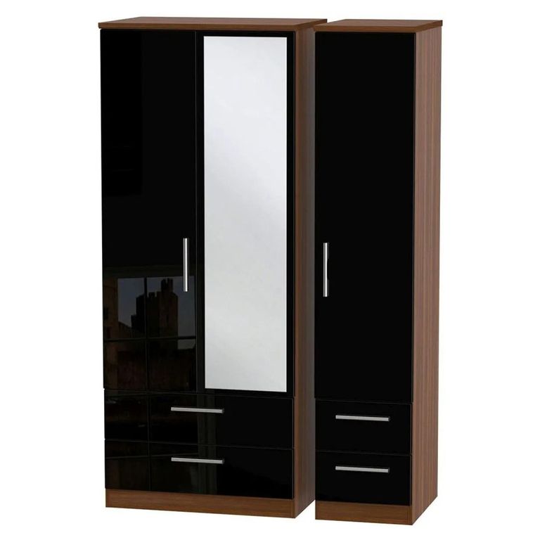 Knightsbridge Wardrobe - 3 Door - 1 Mirror - Combi - Black Gloss and Walnut