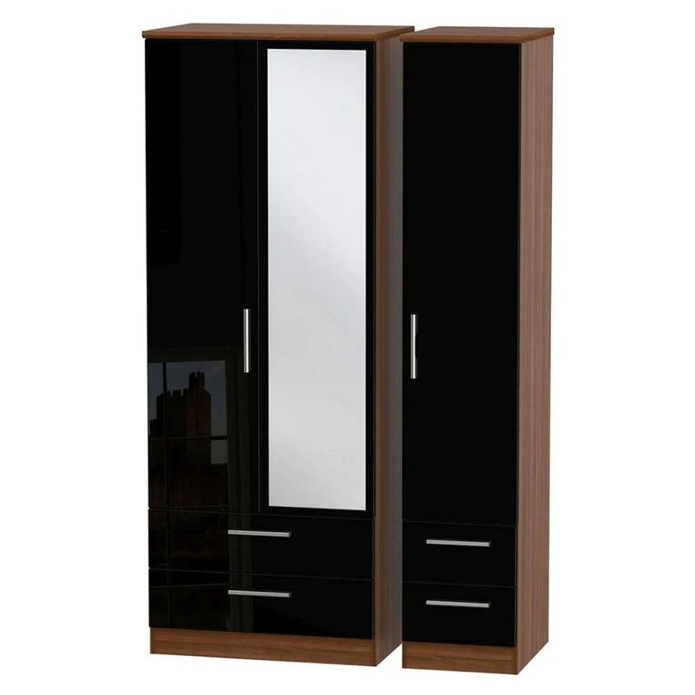 Knightsbridge Wardrobe - 3 Door - 4 Drawers - Tall Triple - Combi - Black Gloss and Walnut