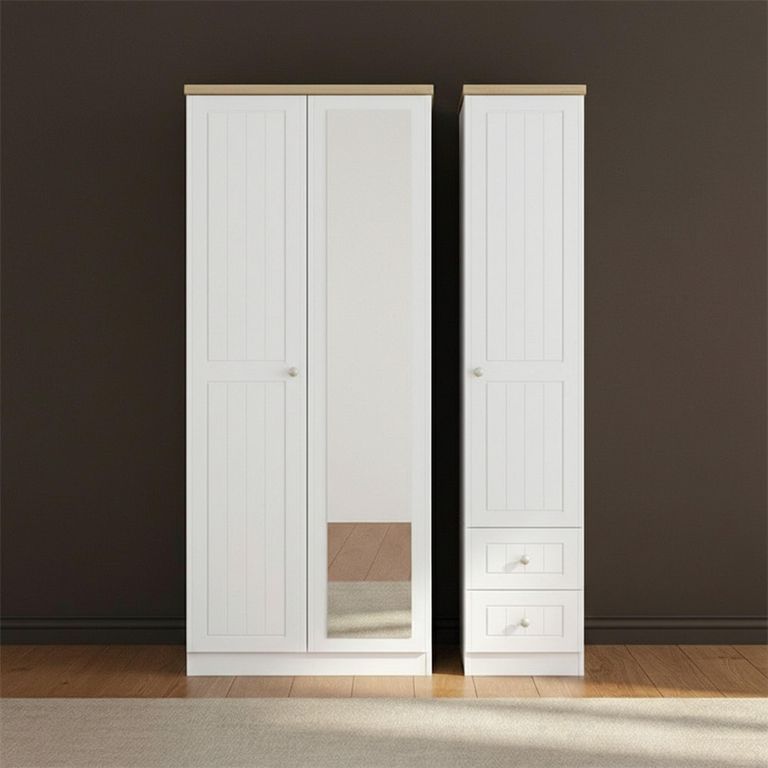 Vienna Wardrobe - 3 Door - 1 Mirror - RHF 2 Drawers - Combi - Porcelain