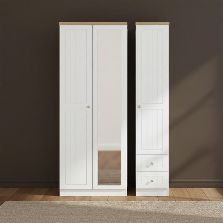 Vienna Wardrobe - 3 Door - 1 Mirror - RHF 2 Drawers - Tall - Combi - Porcelain