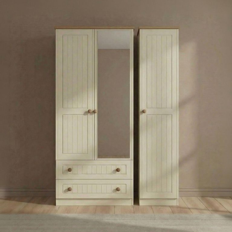 Warwick Wardrobe - 3 Door - Combi - 1 Mirror - LHF 2 Drawers - Cream and Oak