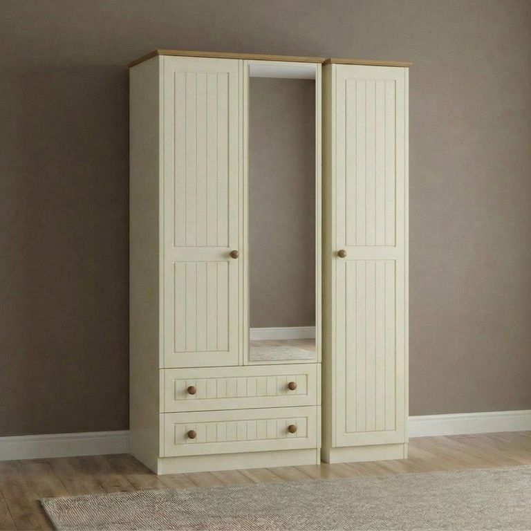 Warwick Wardrobe - 3 Door - Tall - Combi - 1 Mirror - LHF 2 Drawers - Cream and Oak