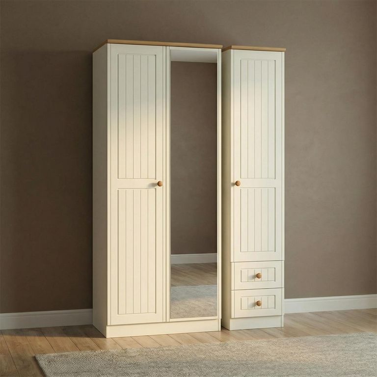 Warwick Wardrobe - 3 Door - Tall - Combi - 1 Mirror - RHF 2 Drawers - Cream and Oak