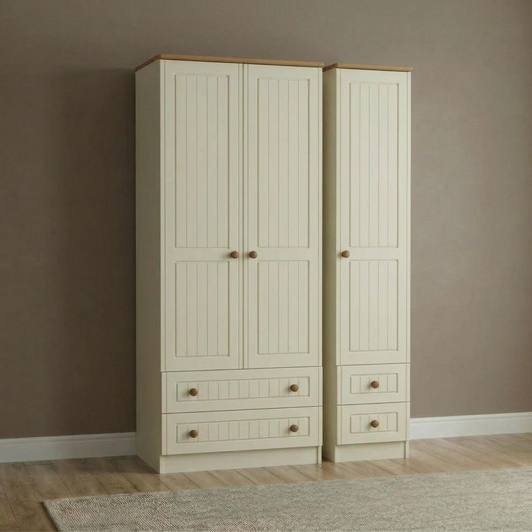 Warwick Wardrobe - 3 Door - Tall - Triple - 4 Drawers - Cream and Oak