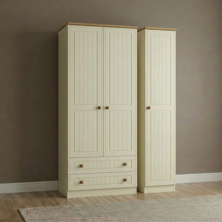 Warwick Wardrobe - 3 Door - Tall - Triple - LHF 2 Drawers - Cream and Oak