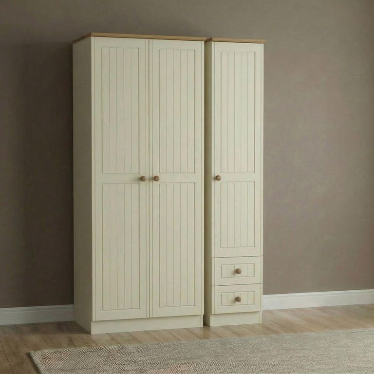 Warwick Wardrobe - 3 Door - Tall - Triple - RHF 2 Drawers - Cream and Oak