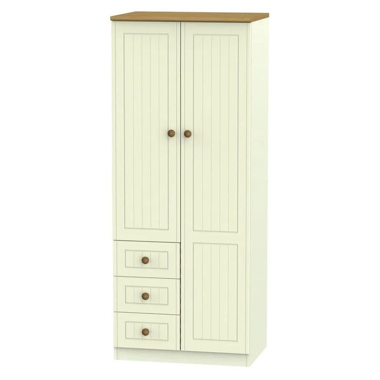 Warwick Wardrobe - 2 Door - RHF 3 Drawers - Cream and Oak