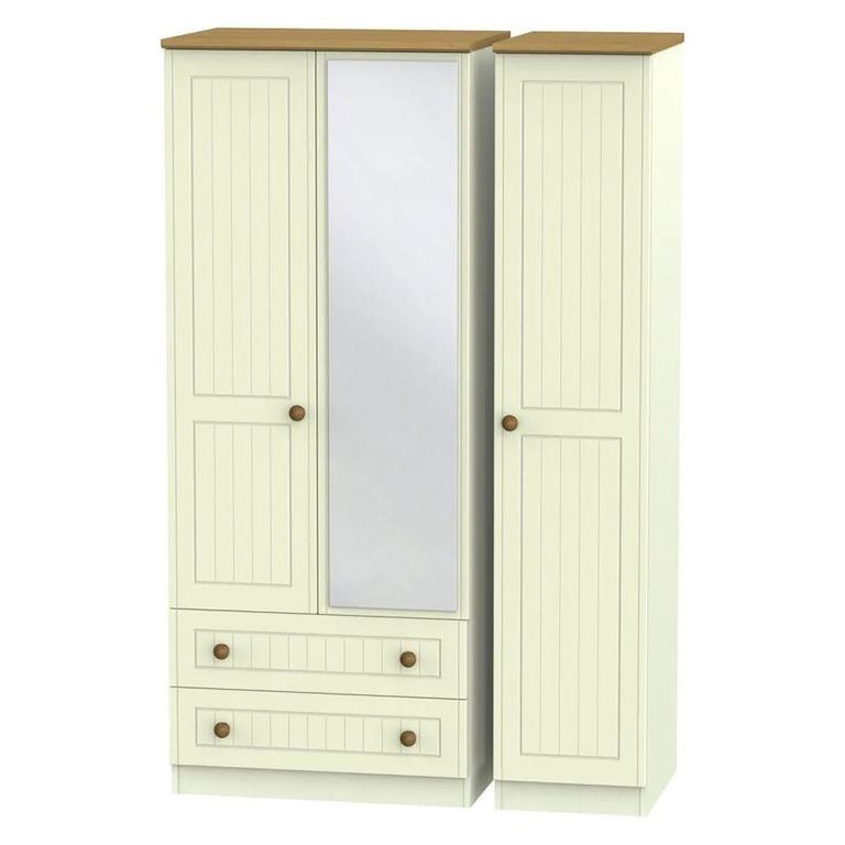 Warwick Wardrobe - 3 Door - Combi - 1 Mirror - LHF 2 Drawers - Cream and Oak