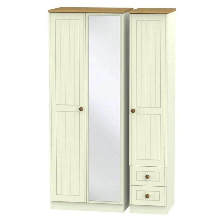 Warwick Wardrobe - 3 Door - Tall - Combi - 1 Mirror - RHF 2 Drawers - Cream and Oak