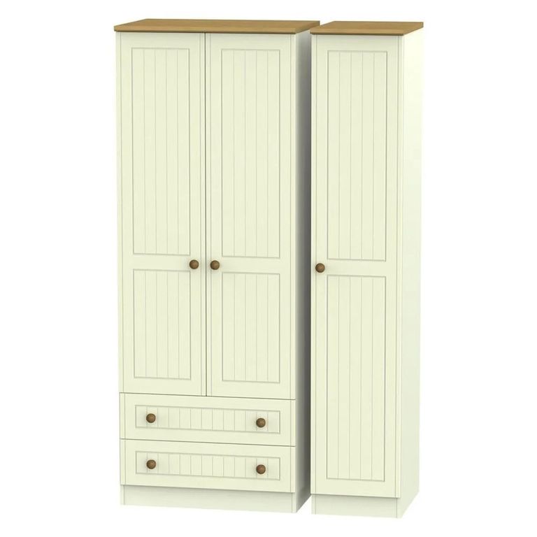 Warwick Wardrobe - 3 Door - Tall - Triple - LHF 2 Drawers - Cream and Oak
