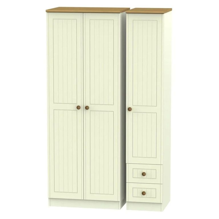 Warwick Wardrobe - 3 Door - Tall - Triple - RHF 2 Drawers - Cream and Oak