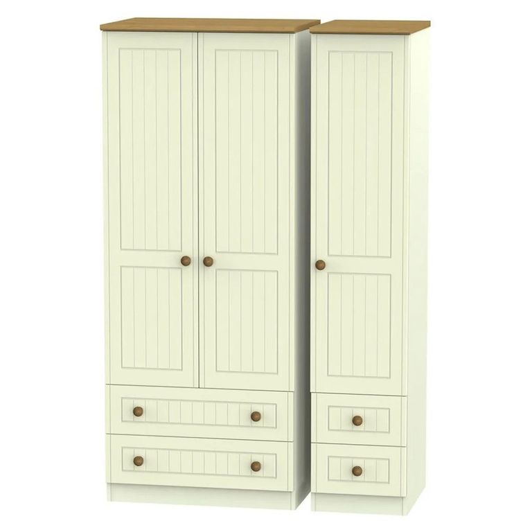 Warwick Wardrobe - 3 Door - Triple - 4 Drawers - Cream and Oak