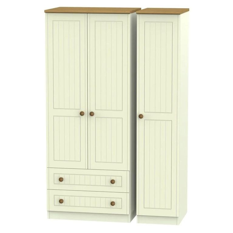 Warwick Wardrobe - 3 Door - Triple - LHF 2 Drawers - Cream and Oak