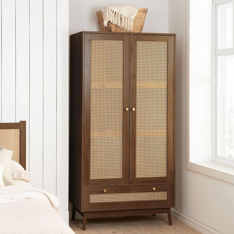 Croxley Wardrobe - 2 Door - 1 Drawer - Walnut and Rattan