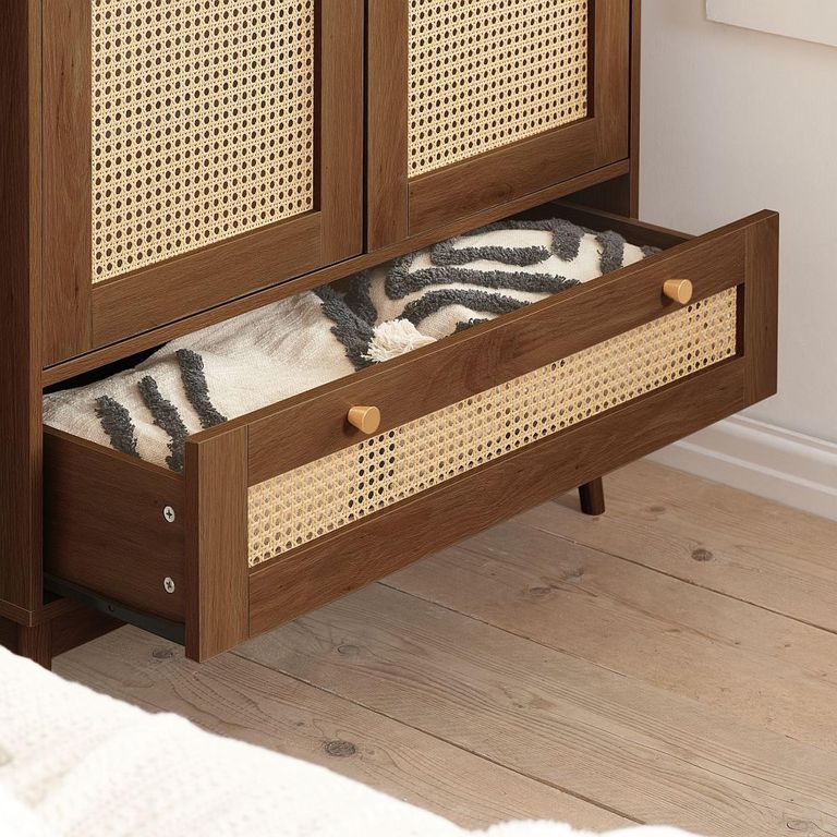 Croxley Wardrobe - 2 Door - 1 Drawer - Walnut and Rattan