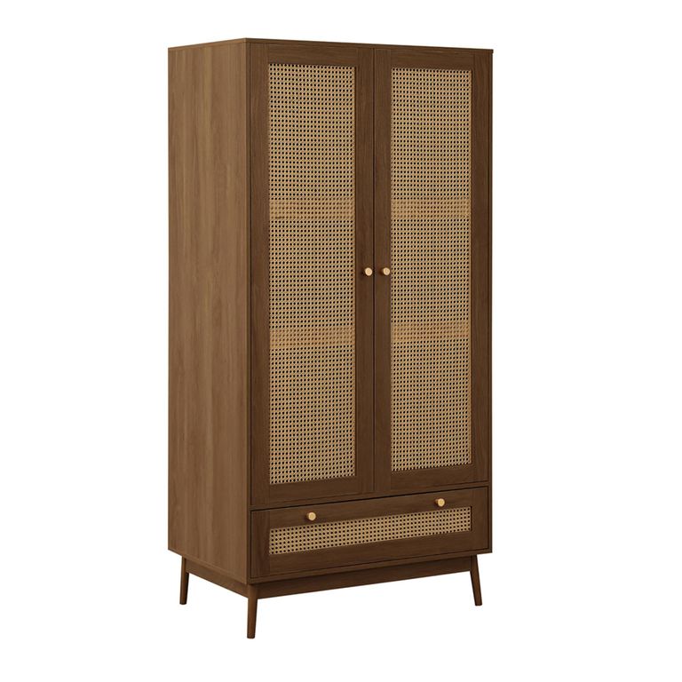 Croxley Wardrobe - 2 Door - 1 Drawer - Walnut and Rattan