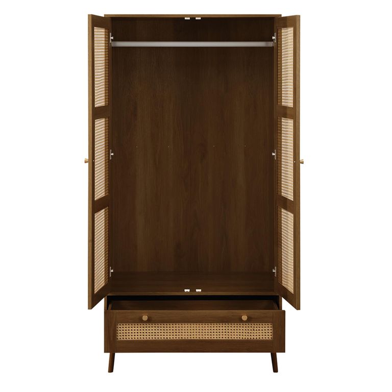 Croxley Wardrobe - 2 Door - 1 Drawer - Walnut and Rattan