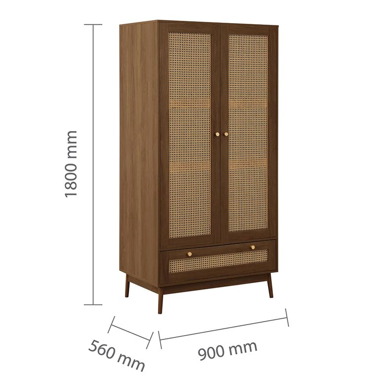 Croxley Wardrobe - 2 Door - 1 Drawer - Walnut and Rattan