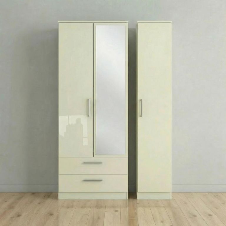 Knightsbridge Wardrobe - 3 Door - 1 Mirror - LHF 2 Drawers - Tall Combi - Cream Gloss