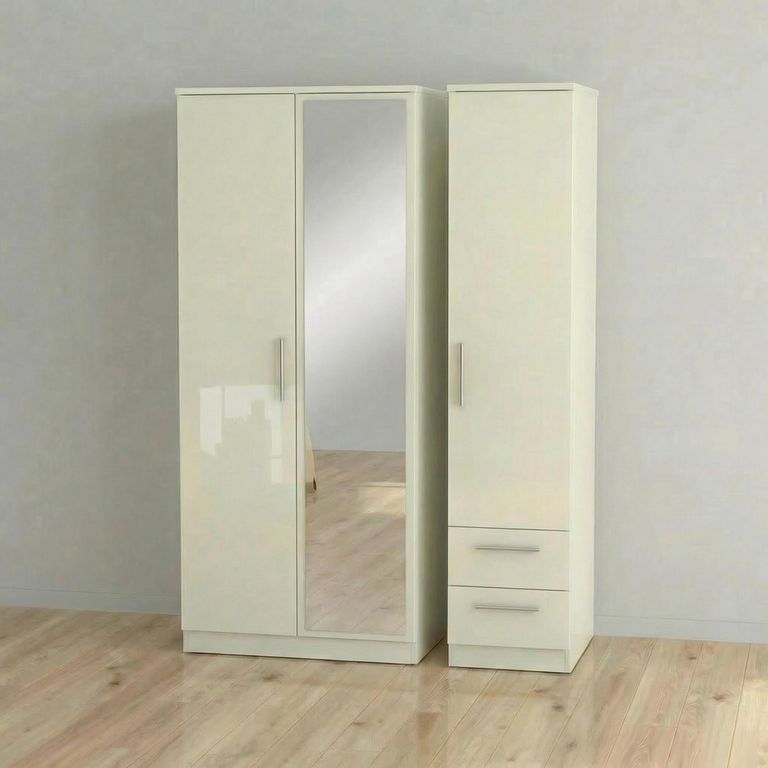 Knightsbridge Wardrobe - 3 Door - 1 Mirror - RHF 2 Drawers - Combi - Cream Gloss