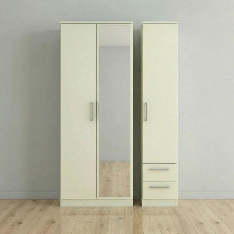 Knightsbridge Wardrobe - 3 Door - 1 Mirror - RHF 2 Drawers - Tall Combi - Cream Gloss