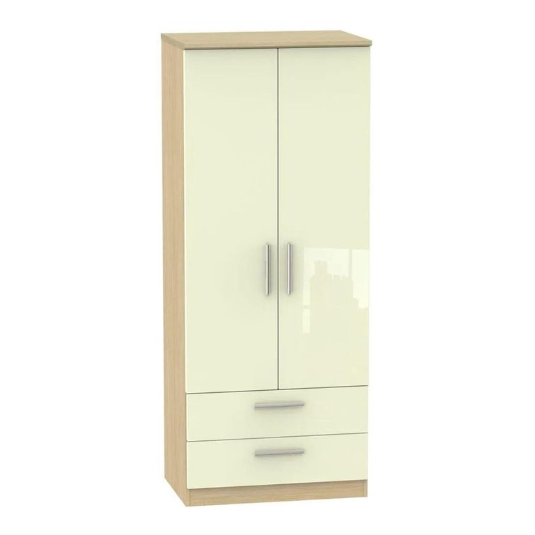 Knightsbridge Double Wardrobe - 2 Door - 2 Drawer - Cream Gloss and Light Oak