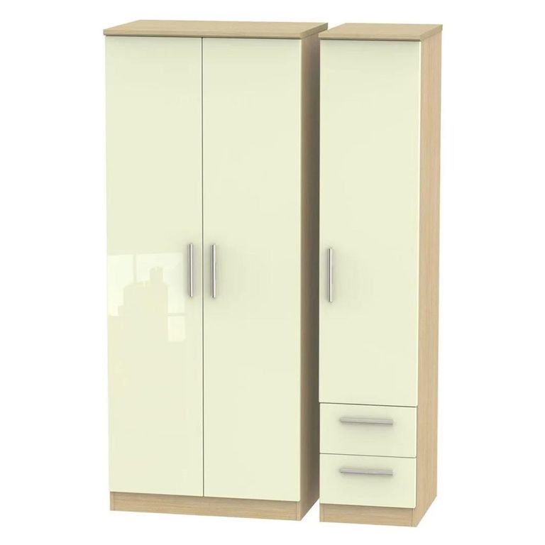Knightsbridge Triple Wardrobe - 3 Door - RHF 2 Drawers - Cream Gloss and Light Oak