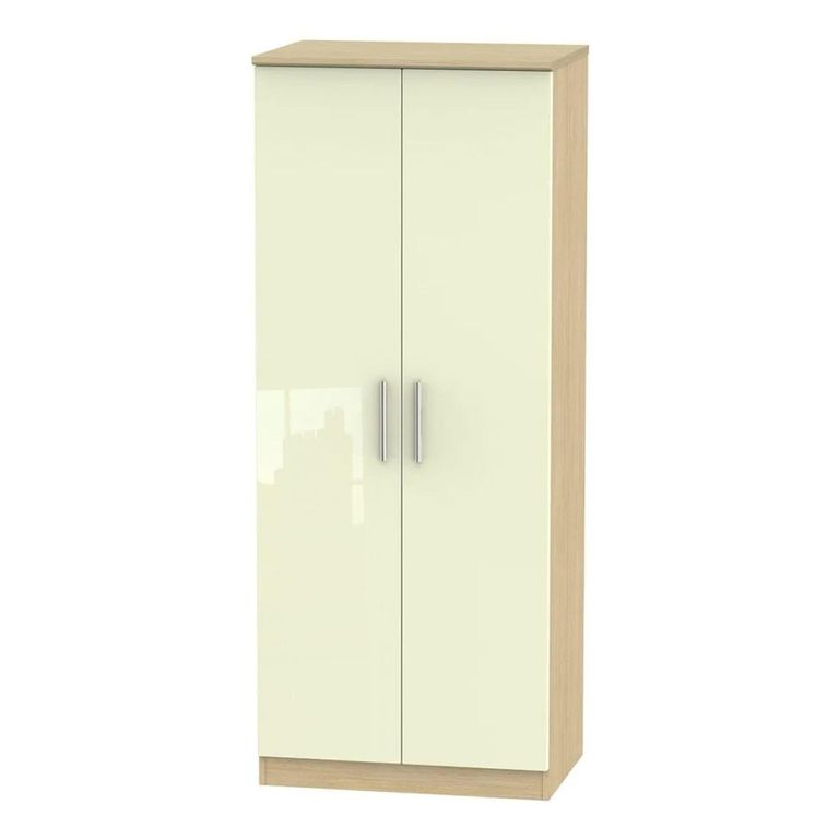 Knightsbridge Wardrobe - 2 Door - Plain - Cream Gloss and Light Oak