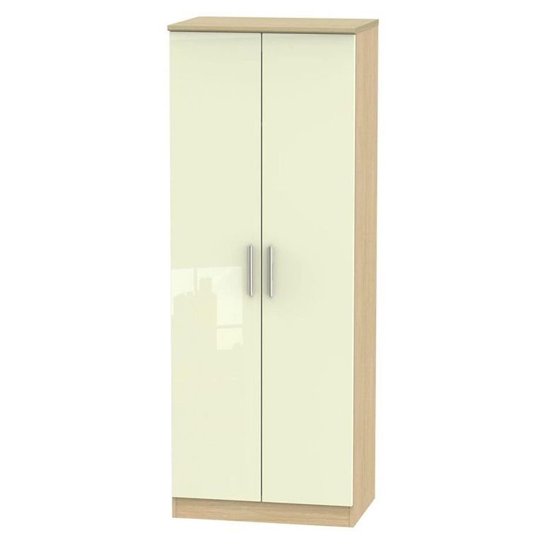 Knightsbridge Wardrobe - 2 Door - Plain Tall - Cream Gloss and Light Oak