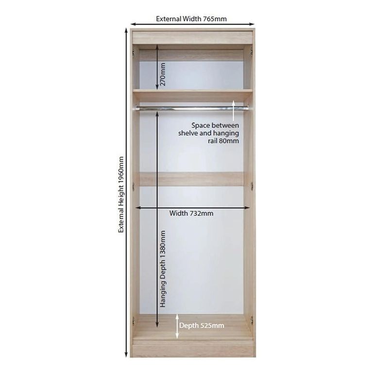 Knightsbridge Wardrobe - 2 Door - Tall - 1 Mirror - Cream Gloss and Light Oak