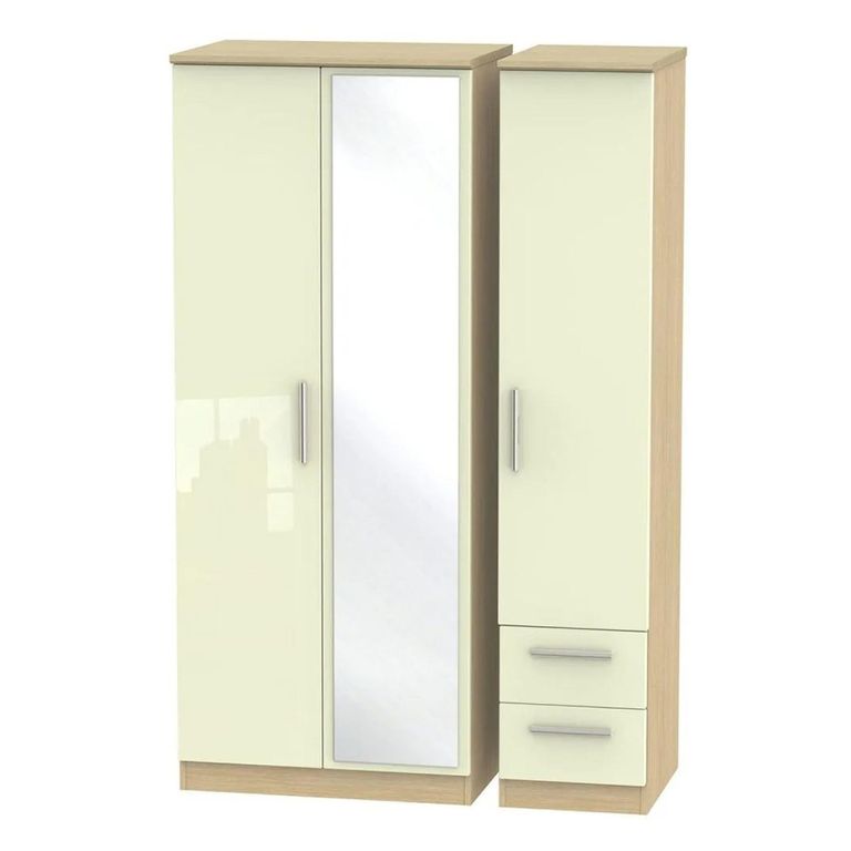 Knightsbridge Wardrobe - 3 Door - 1 Mirror - RHF 2 Drawers - Combi - Cream Gloss and Light Oak