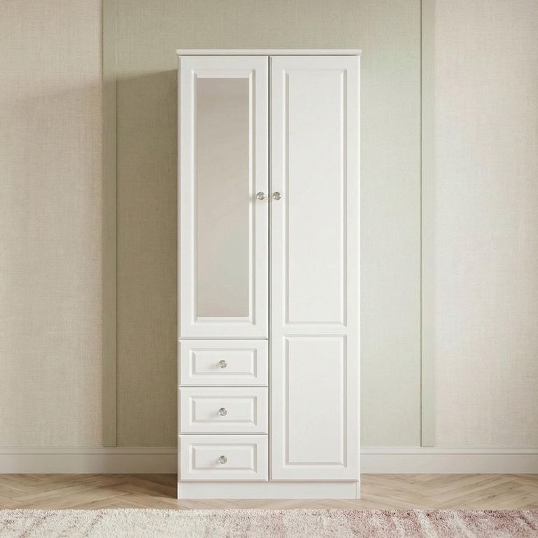 Crystal Combi Wardrobe - 2 Door - 1 Mirror - RHF 3 Drawers - White