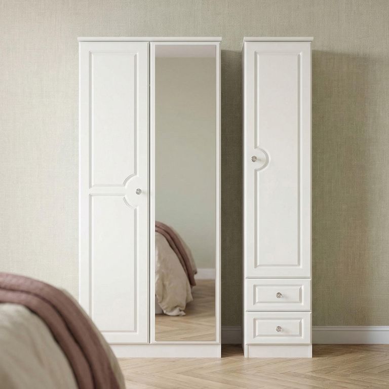 Crystal Combi Wardrobe - 3 Door - 1 Mirror - RHF 2 Drawers - White
