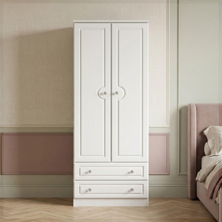 Crystal Double Wardrobe - 2 Door - 2 Drawer - White