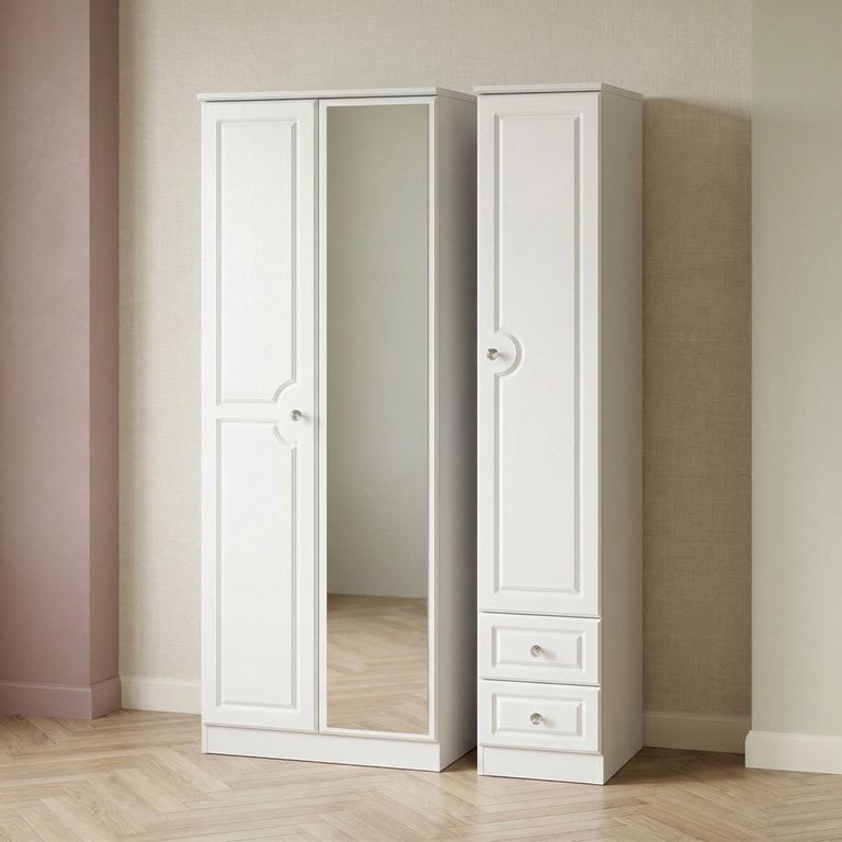 Crystal Tall Combi Wardrobe - 3 Door - 1 Mirror - RHF 2 Drawers - White