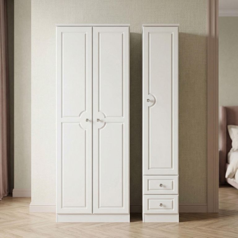 Crystal Tall Triple Wardrobe - 3 Door - RHF 2 Drawers - White