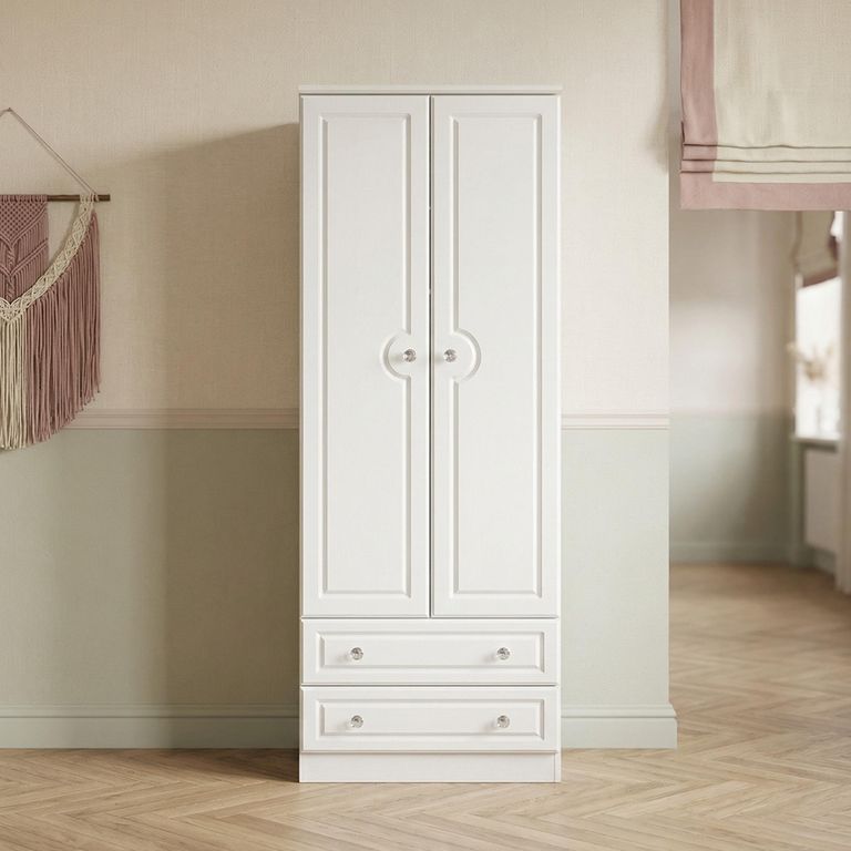 Crystal Tall Wardrobe - 2 Door - 2 Drawer - White