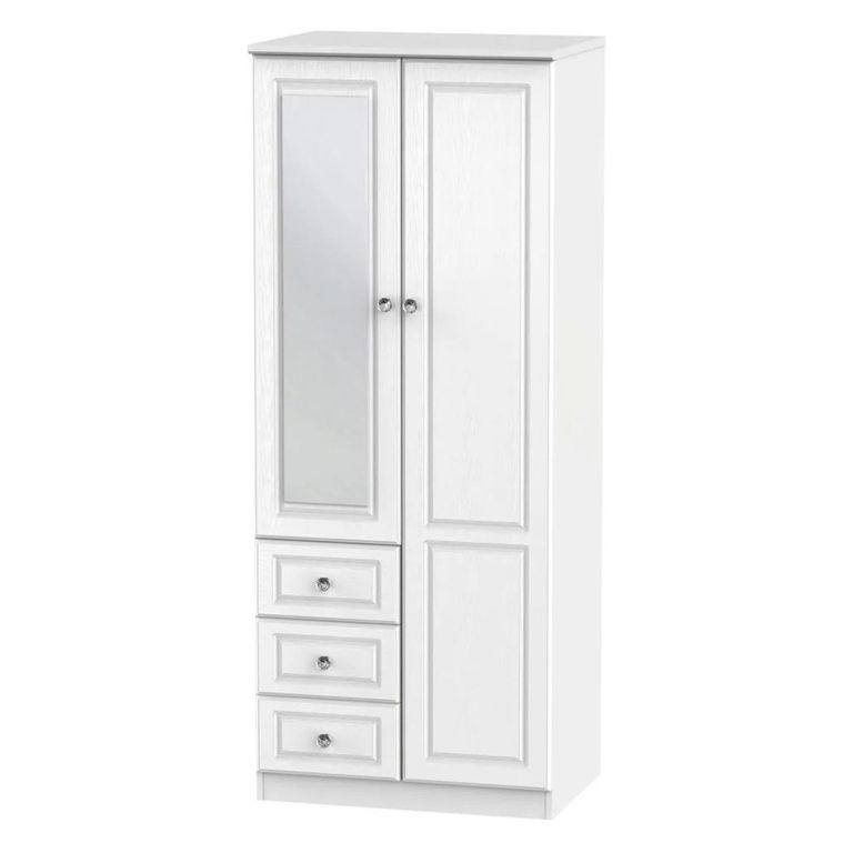 Crystal Combi Wardrobe - 2 Door - 1 Mirror - RHF 3 Drawers - White