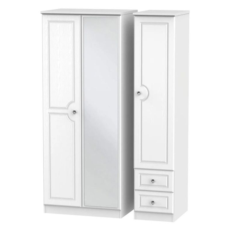 Crystal Combi Wardrobe - 3 Door - 1 Mirror - RHF 2 Drawers - White