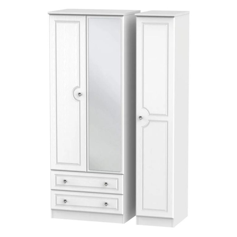 Crystal Tall Combi Wardrobe - 3 Door - 1 Mirror - LHF 2 Drawers - White