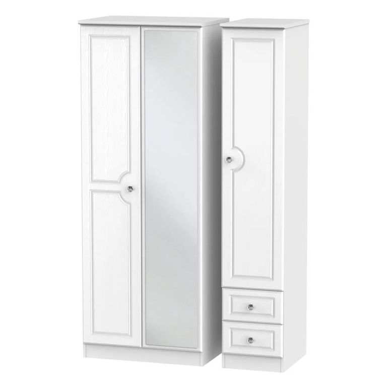 Crystal Tall Combi Wardrobe - 3 Door - 1 Mirror - RHF 2 Drawers - White