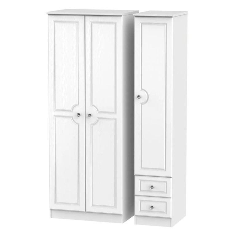Crystal Tall Triple Wardrobe - 3 Door - RHF 2 Drawers - White