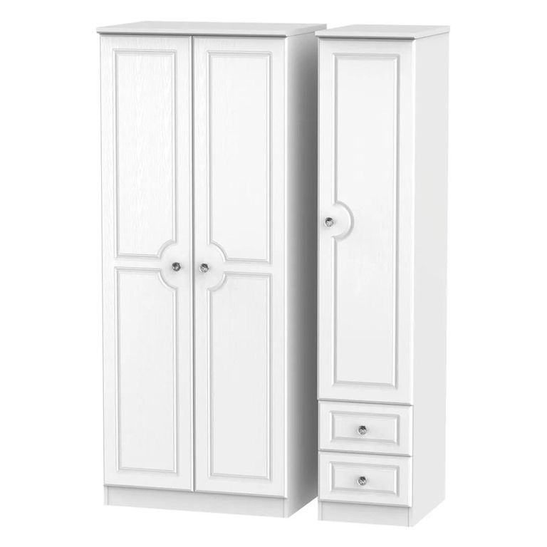 Crystal Triple Wardrobe - 3 Door - RHF 2 Drawers - White