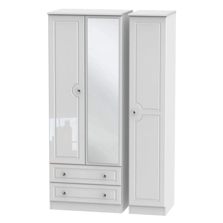 Balmoral Wardrobe - 3 Door - Tall Combi -  with 1 Mirror - and LHF 2 Drawers - White Gloss