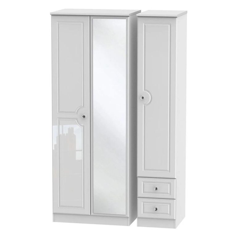 Balmoral Wardrobe - 3 Door - Tall Combi -  with 1 Mirror - and RHF 2 Drawers - White Gloss