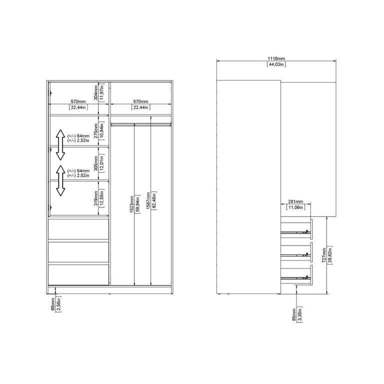 Naia Wardrobe - 2 Door - 3 Drawer - Oak